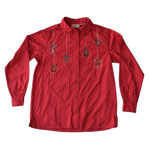 Vintage Basic Editions Holiday Shirt | Red Reindeer Embroidered Button-Up Small - Picture 1 of 5